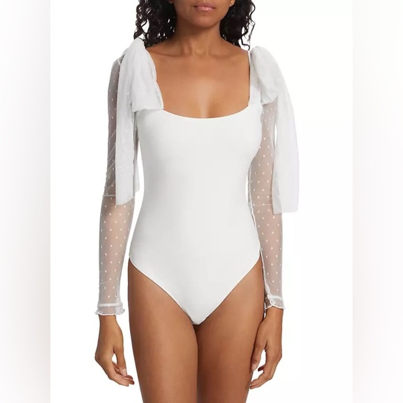 NWOT Free People Bodysuit Tongue Tied Ivory Sheer Bowtie Square Neck Long Sleeve - Picture 3 of 7